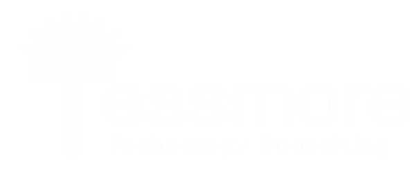 a logo that says Tessmore Technology Consulting with a large capital T with a sun rising over the top of it